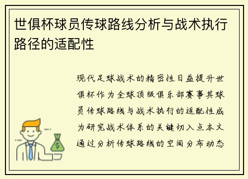 世俱杯球员传球路线分析与战术执行路径的适配性